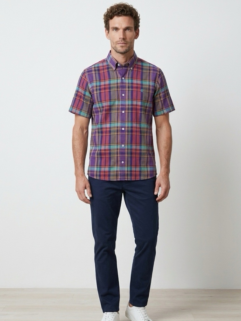 NWT IZOD Men's Madras Plaid S/S Shirt Crown Jewel Purple Lightweight Linen Shirt